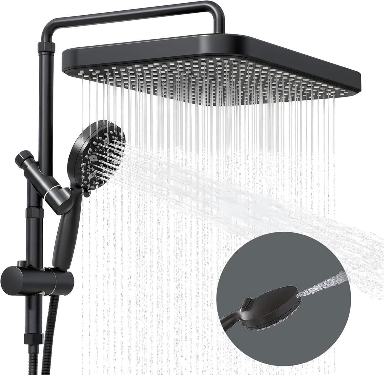 ROSYNEY 15 Inch Metal Rainfall Shower Heads with Handheld Combo, 8-Setting Handheld Sprayer, Metal Height Adjustable Shower Extension Arm & Adjustable Holder, Matte Black