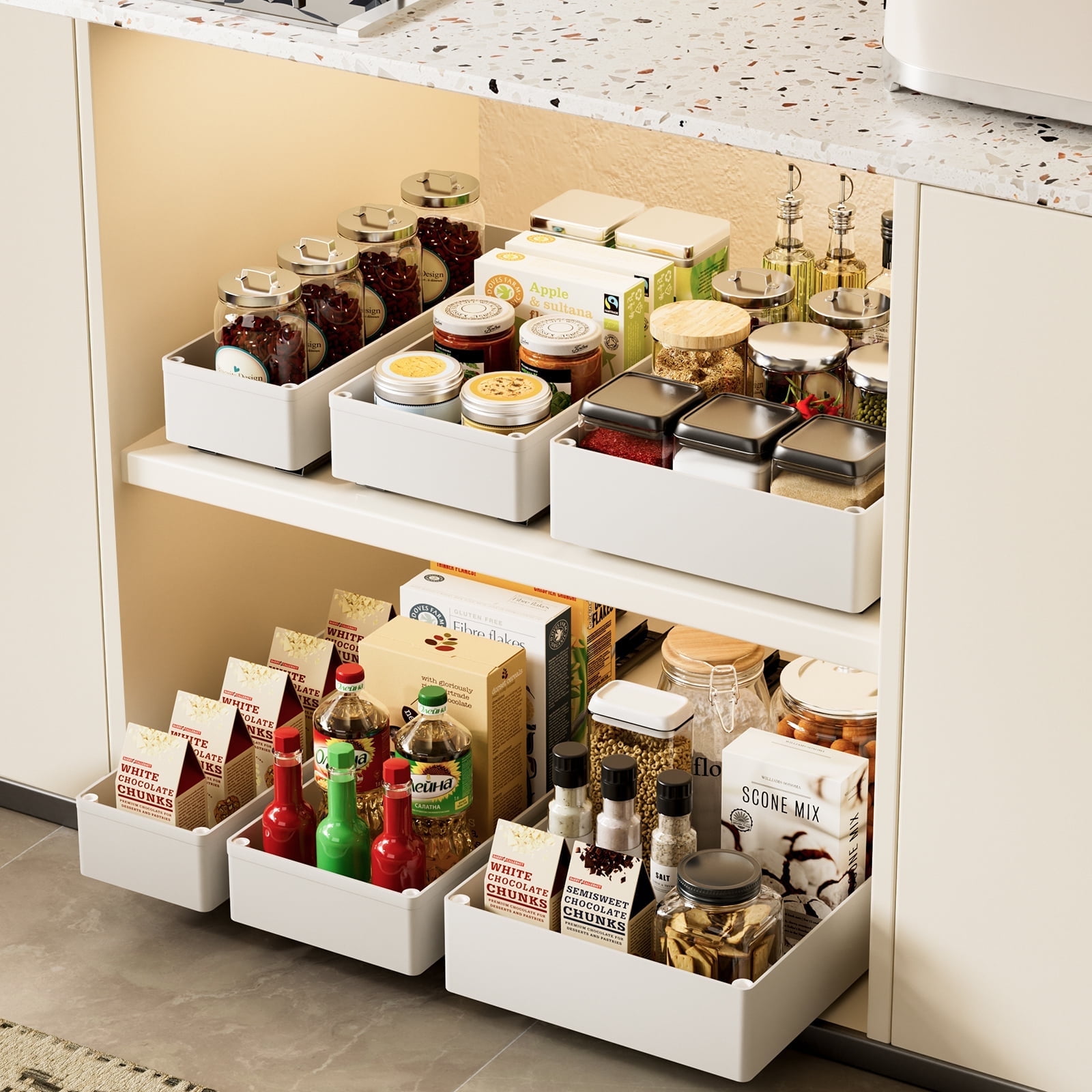 ROSYNEY 3 pack Pull Out Cabinet Organizer, Multi-Size (10.63", 7.08" and 5.12") Slide Out Drawers for Kitchen, Pantry, Bathroom, White