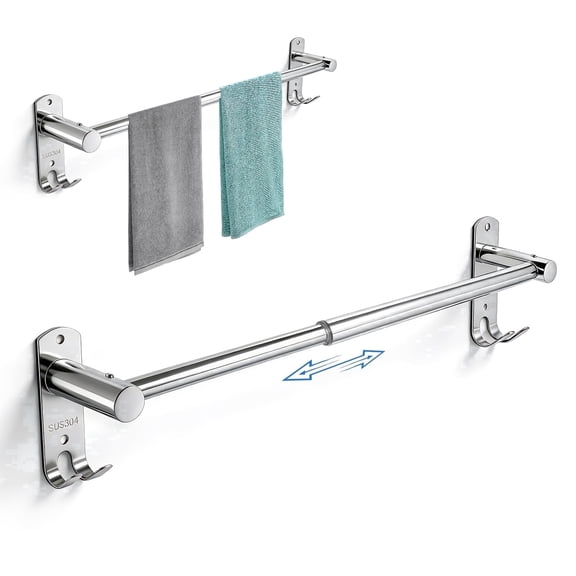 ROSYNEY 304 Stainless Steel Towel Rack, Retractable 15.9-28.6 Inch Towel Bar with Hooks, Wall-Mounted Towel Rack for Bathroom, 1-BACK