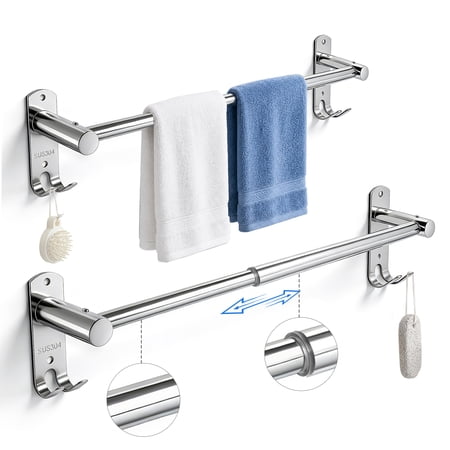 ROSYNEY 304 Stainless Steel Towel Rack, Retractable 15.9-28.6 Inch Towel Bar with Hooks, Wall-Mounted Towel Rack for Bathroom, 1-BACK