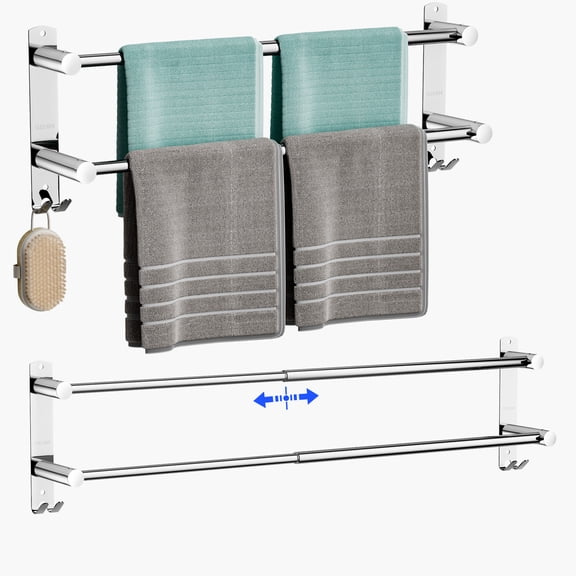 ROSYNEY 304 Stainless Steel Double Towel Rack, Retractable 15.9-28.6 Inch Towel Bar with Hooks, Wall-Mounted Towel Rack for Bathroom, 1-BACK