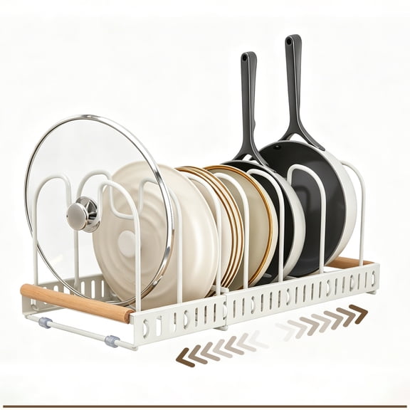 ROSYNEY Adjustable Iron Pot Rack, Expandable 12-23 Inches Pan Organizer with 10 Adjustable Dividers, Heavy-Duty Anti-Slip Cookware Holder for Kitchen Cabinet, Pantry, Countertop