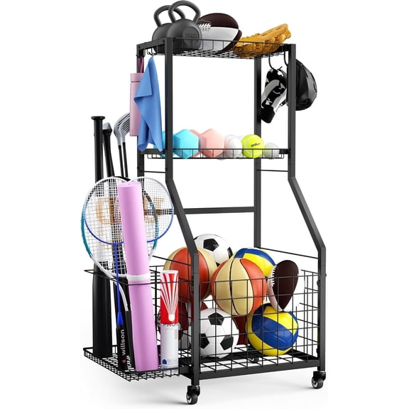 ROSYNEY Rollable Sports Ball Storage Rack, Multi-Layer Garage Sports Equipment Organizer with Lockable Wheels