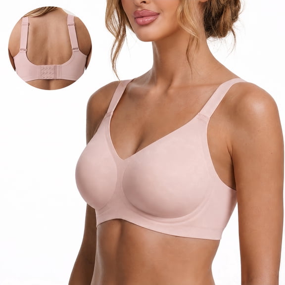 Roszoe Wireless Bra, No Underwire Seamless Full Coverage Bra, Comfortable Supportive Tshirt Bralette for Women, Plus Size（Light Pink-L)