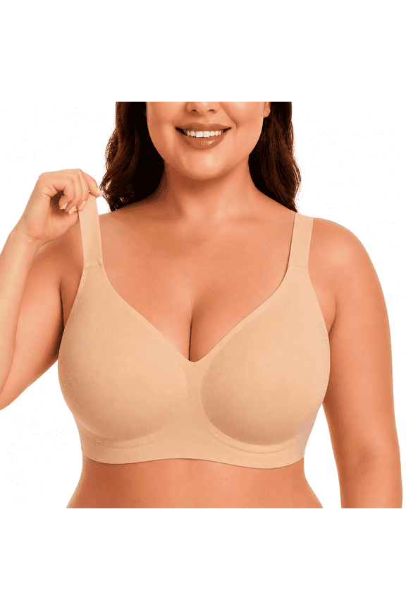 Wireless Bra, No Underwire Seamless Full Coverage Bra, Comfortable Supportive Tshirt Bralette for Women, Plus Size(Nude-L)