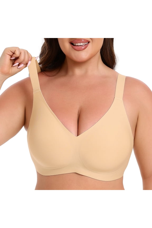 Wireless Bra, No Underwire Seamless Full Coverage Bra, Comfortable Supportive Tshirt Bralette for Women, Plus Size(Nude-L)