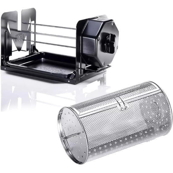 ROTO-Q 360 Cordless Rotisserie Kit w/Tumble Basket - Stainless Steel, Non-Electric - For Grills, Ovens, Smokers - Gas/Charcoal BBQ, Kamado Joe, Green Egg, Kettle - Indoor/Outdoor Use - Black