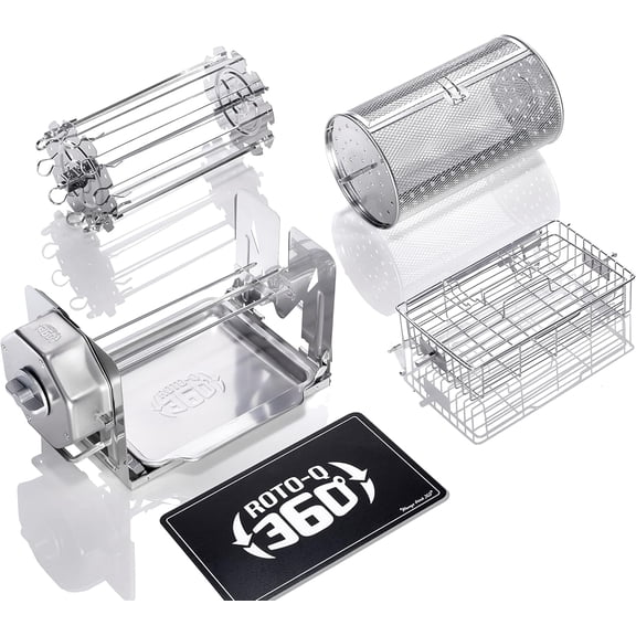 ROTO-Q 360 Family Bundle - Cordless Rotisserie Kit for Grills, Ovens, Smokers - Non-Electric Spit Roaster - Indoor/Outdoor BBQ - Stainless Steel Construction - includes Rotisserie Attachments