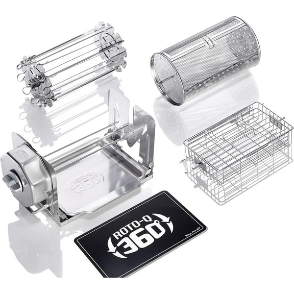 ROTO-Q 360 Family Bundle - Cordless Rotisserie Kit for Grills, Ovens, Smokers - Non-Electric Spit Roaster - Indoor/Outdoor BBQ - Stainless Steel Construction - includes Rotisserie Attachments
