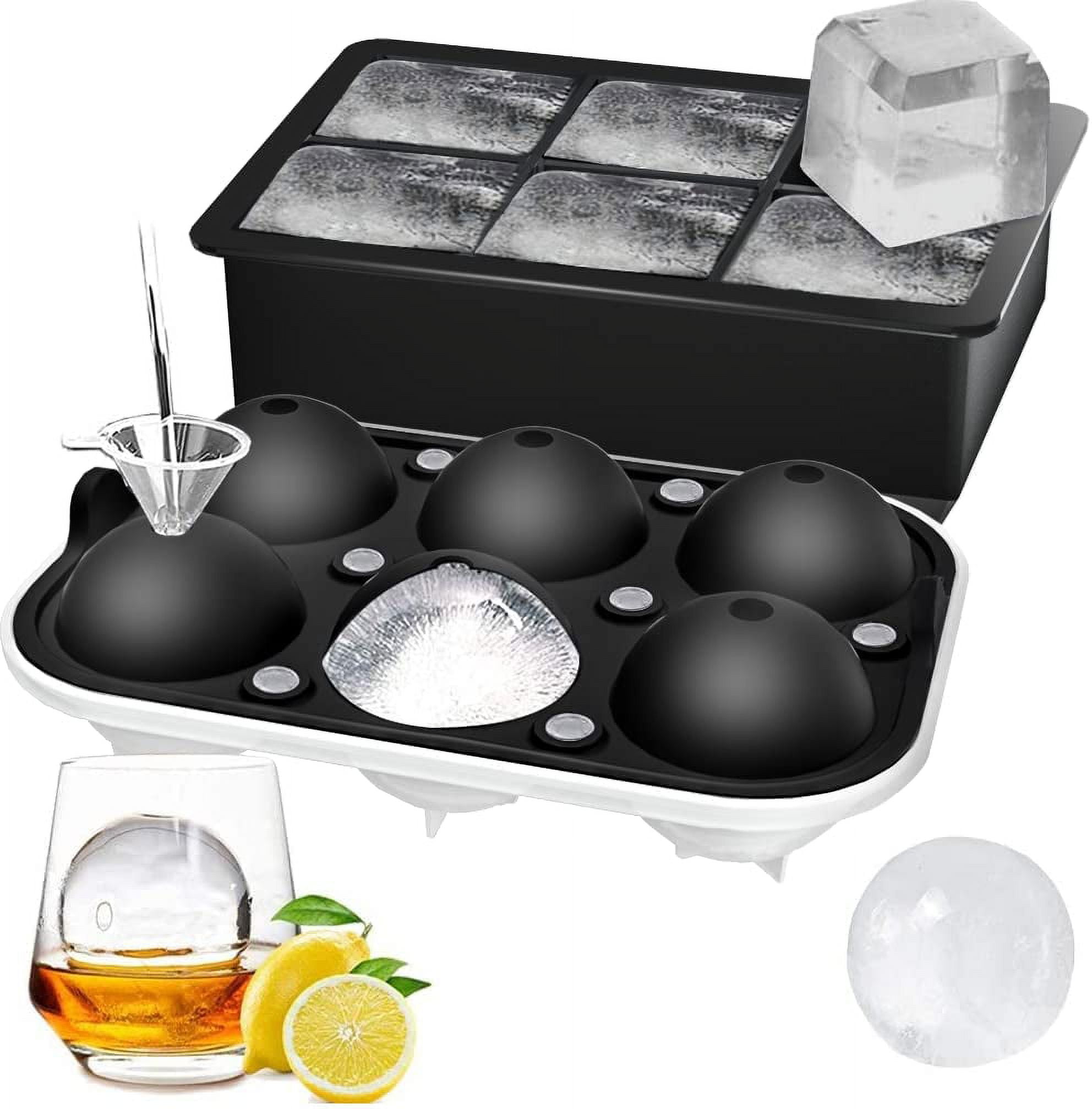 Ice Cube Trays (Set of 2), Sphere Ice Ball Maker with Lid & Large Square Ice Cube Maker for Whiskey, Cocktails and Homemade, Keep Drinks Chilled Black