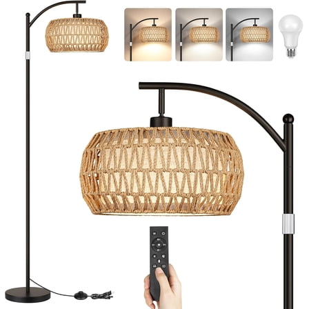 ROTTOGOON Boho Floor Lamp with Dimmable Bulb, Rattan &Linen Double Shades, Boho Standing Tall Lamps with Foot Switch, Bohemian Floor Lamps for Living Room, Bedroom, Office
