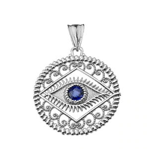 ROUND FILIGREE EVIL EYE PENDANT NECKLACE IN WHITE GOLD : 14K Pendant with 18" chain