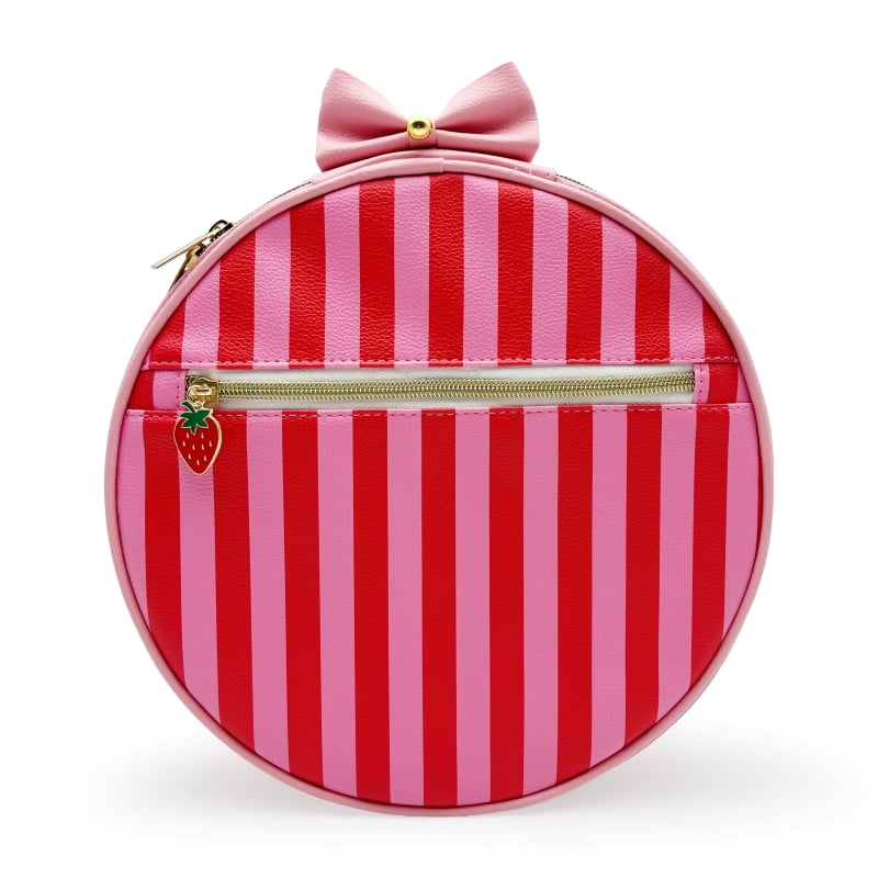 Round Striped Cosmetic Bag with Zipper, Red and Pink, 10" x 11.5"