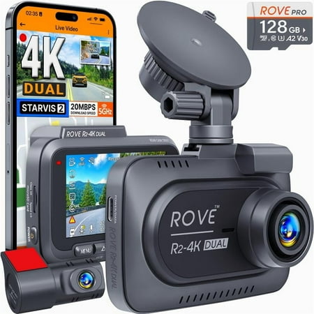 ROVE R2-4K DUAL Dash Cam Front and Rear, 4K 2160P/1080P Dash Camera for Cars with , STARVIS 2 Sensor, Free 128GB Card, 5G WiFi - 20MB/s Fastest Download Speed, 3" IPS Screen, Night Vision