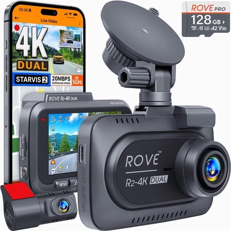 ROVE R2-4K DUAL Dash Cam Front and Rear, STARVIS 2 Sensor, Free 128GB Card Included, 4K Upscaled Front + 1080P Rear, 5.8GHz WiFi, 20MB/s Download Speed, App, GPS, 3" IPS, Parking Mode, Night Vision