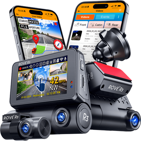 ROVE R3 Dash Cam Front Rear Cabin, 3” IPS Touchscreen, 3-Channel 1440P+1080P+1080P, IR Night Vision, 5GHz WiFi, 30MB/s Download Speed, Quad-Mode GPS
