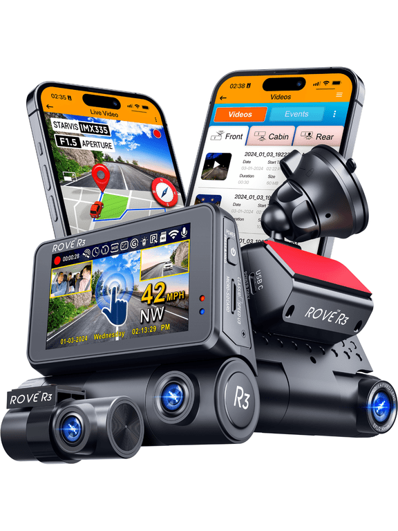 R3 Dash Cam Front Rear Cabin, 3 IPS Touchscreen, 3-Channel 1440P+1080P+1080P, IR Night Vision, 5GHz WiFi, 30MB/s Download Speed, Quad-Mode GPS