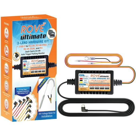 ROVE Ultimate 3-LEAD Hardwire Kit for R2-4K, R2-4K PRO, R2-4K Dual, and R3 Dash Camera Models, 24Hr Parking Monitoring Kit with Low Voltage Protection