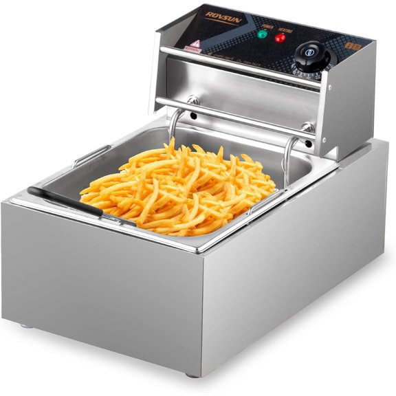 ROVSUN 11.4QT Electric Commercial Deep Fryer with Basket & Lid, Countertop Kitchen Frying Machine, Temperature Adjustable Stainless Steel French Fryer for French Fries Donuts Onion Rings 2500W