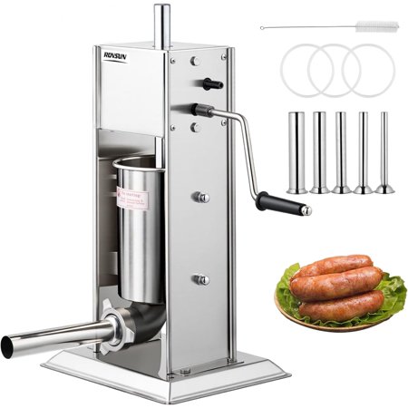 ROVSUN7LBS/3L Manual Sausage Stuffer, Two Speed Stainless Steel Vertical Sausage Maker, Meat Filling Machine with 5 Stuffing Tubes for Commercial and Home