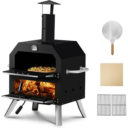 ROVSUN 12’’ Outdoor Countertop Pizza Oven, Wood Fired Pizza Maker Included Pizza Stone, Pizza Peel, Chimney with Lid, Fold-up Legs, Portable Cooking Rack for Camping, Baking and BBQ