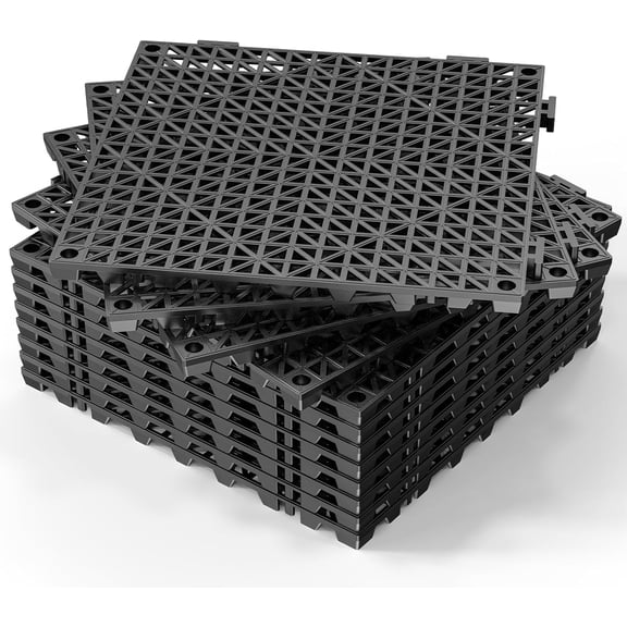 ROVSUN 12 PCS Interlocking Drainage Mat, 12’’x12’’ Drainage Tiles Interlocking,Soft PVC Floor Tiles, Non-Slip Drainage Holes for Restroom, Bathroom, Kitchen, Pool, Wet Areas,Black
