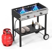 ROVSUN 2-Burner Propane Camping Stove, 150,000 Btu Outdoor Cooker with Auto-Ignition, Regulator and Shelf for Backyard Patio Turkey Frying