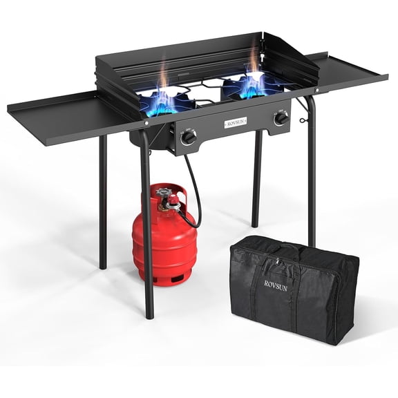 ROVSUN 2 Burner Outdoor Propane Gas Stove with Regulator, Windpanel, Bag & Side Shelves, 150,000 BTU Powerful Stand Cooker for Backyard Cooking Camping Home Brewing Canning Turkey Frying