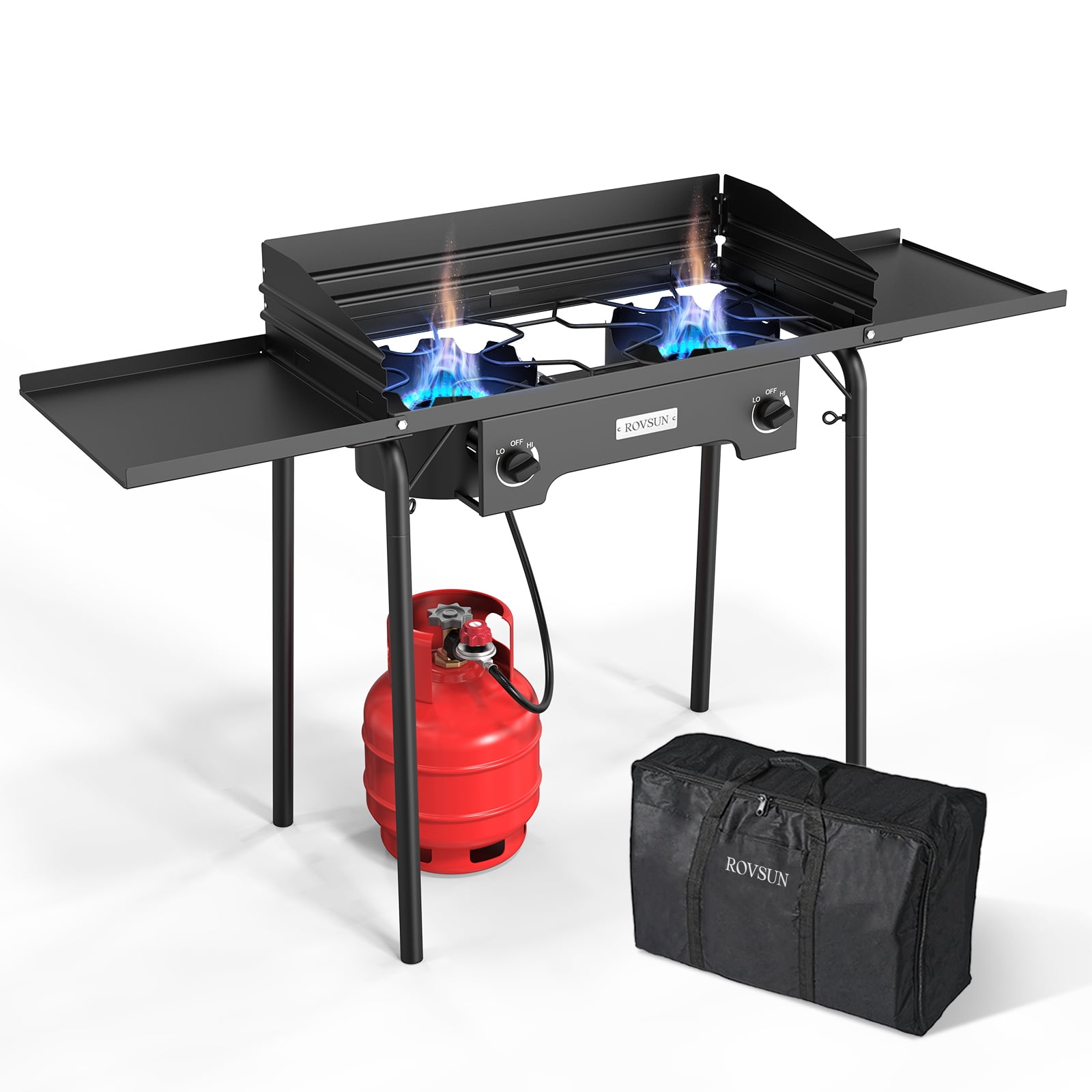 ROVSUN 2 Burner Outdoor Propane Gas Stove with Windpanel & Side Shelves & Bag, 150,000 BTU High