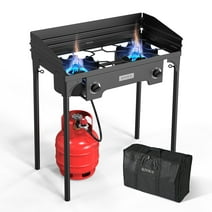 ROVSUN 2 Burner Outdoor Propane Gas Stove with Windscreen & Carrying Bag, 150,000 BTU High Pressure Stand Cooker for Backyard Cooking Camping Home Brewing Canning Turkey Frying, 20 PSI Regulator