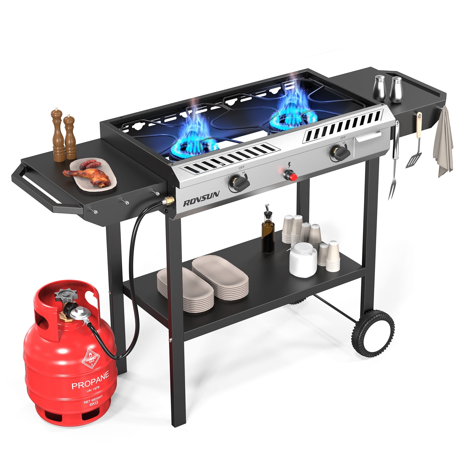 VINGLI 2 Burner Propane Stove with Auto Ignition, 150,000 BTU Gas Stove with Side Shelves, Rolling Wheels & Regulator for Home Outdoor Backyard Camping Cooking Frying Brewing Canning