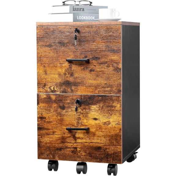 ROVSUN 2 Drawer File Cabinet with Lock, Rolling Wood Filing Cabinet for Letter Files and Printer Stand, Rustic Brown