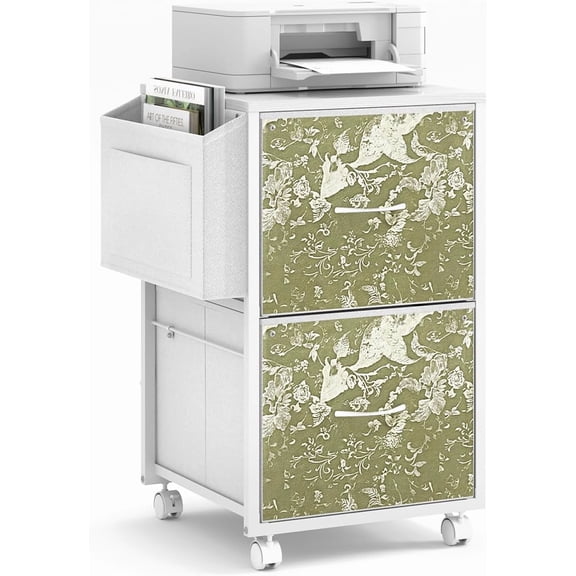 ROVSUN 2-Drawer Rolling File Cabinet with Side Bag, Mobile Printer Stand with Fabric Drawers and Lockable Wheels, White Green