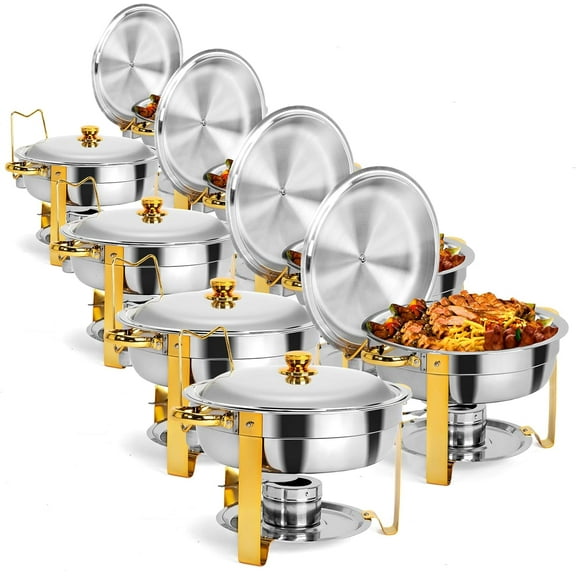 ROVSUN 8 Packs Gold Chafing Dishes for Buffet, 5QT Round Chafing Dish Buffet Set, Stainless Steel Chafers and Buffet Warmers Sets for Parties Weddings Catering