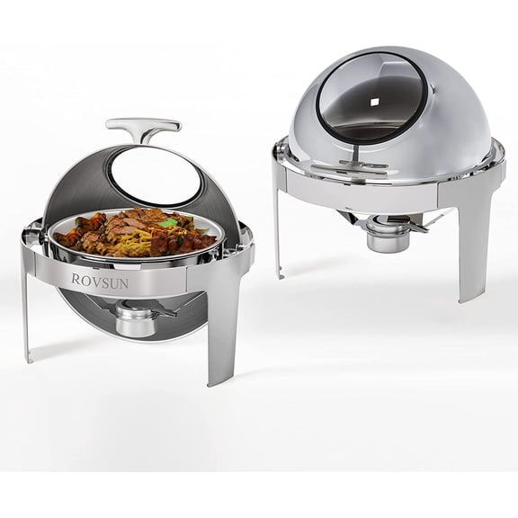ROVSUN 2 Packs Roll Top Chafing Dish Buffet Set,6 Quart Round Stainless Steel Chafer for Catering,Buffet Servers and Warmers Set with Glass Window for Wedding, Parties