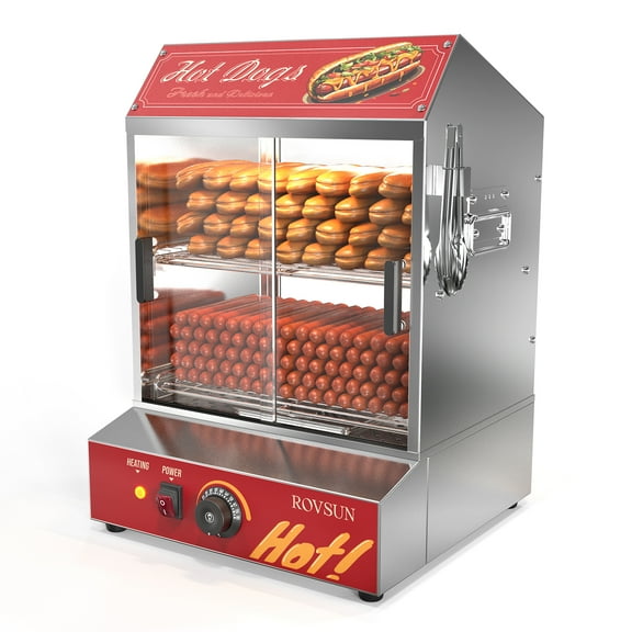 ROVSUN 2-Tier Hot Dog Steamer, 42.3QT/40L Hot Dog Steamer and Bun Warmer Cooker 235 Hot Dogs & 50 Buns Capacity with Removable Shelves Glass Door Food Clip for Party Event Concession Stand