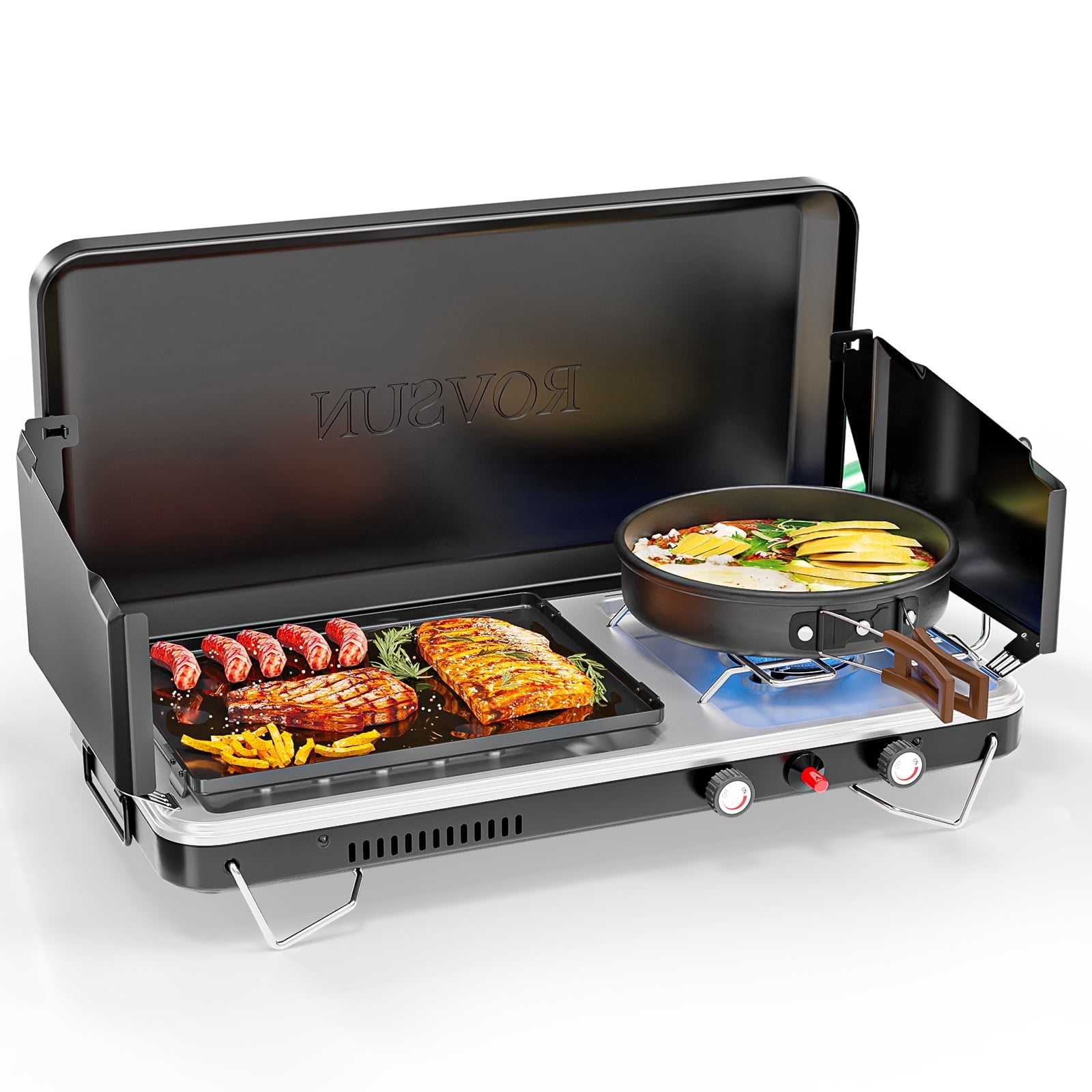 VINGLI 2-in-1 Portable Camping Stove & Propane Grill with Enamel Griddle & Piezo Igniter, Tabletop Camp Stove with Built-in Handle, Wind Panel & Regulator for Camping, Tailgating, Grilling (Black)