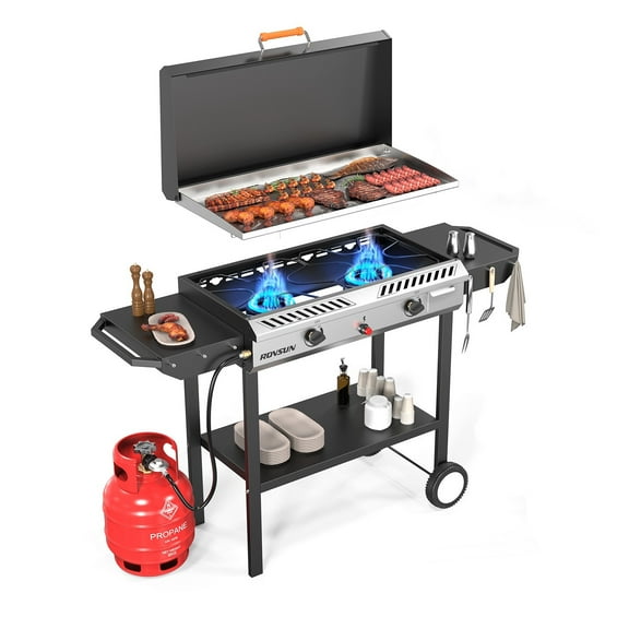 VINGLI 2-in-1 Propane Stove & Griddle Combo with Auto Ignition, 2 Burner 150,000 BTU Gas Stove & Grill with Side Shelves, Rolling Wheel & Regulator for Home Outdoor Backyard Camping Cooking Grilling
