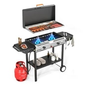 ROVSUN 2-in-1 Propane Stove and Griddle Combo, 2-Burner 150,000 Btu with Auto Ignition, Side Shelves and Regulator