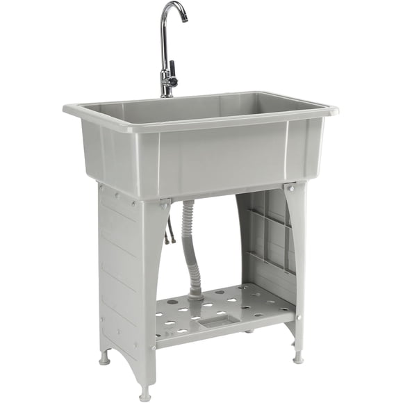 ROVSUN 20-Gallon Black Plastic Utility Sink with Hot & Cold Faucet, 150lbs Load Capacity, Upgraded Height & Version, Use for Laundry Room, Garage, Garden, Basement, 32.3L22.4W36.2H (Grey)