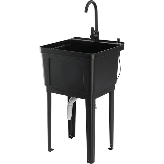 ROVSUN 21-Gallon Plastic Utility Sink, Freestanding Sink with Hot&Cold Faucet, Soap Dispenser, Drain Plug and Iron Legs, Perfect for Laundry Room, Garage, Black 19.7L"18.9W"33.1H"