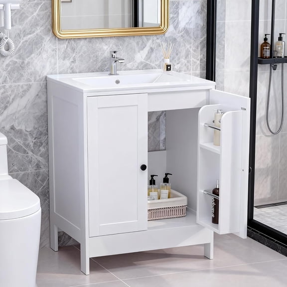 ROVSUN 24-Inch Bathroom Vanity with Sink, Freestanding Storage Cabinet with Ceramic Basin and Soft-Close Doors, White