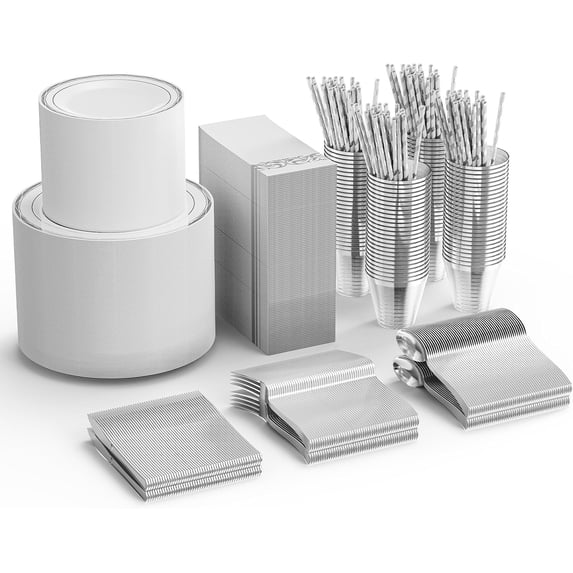ROVSUN 800 Pieces Gold Disposable Dinnerware Set 30 Guests, Elegant Plastic Plates for Party Wedding, 100 Dinner Plates, 100 Dessert Plates, 100Cups, 100 Silverware set, 100 Napkins, 100 Straws