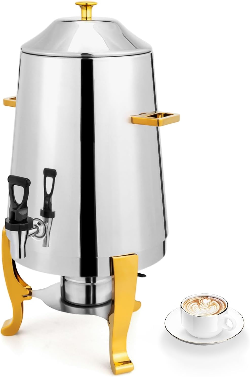 ROVSUN 3.5 Gallon/13L Beverage Dispenser Gold Accent, Stainless Steel Coffee Chafer Urn with Fuel Holder, Drink Dispenser with Ice Container Spigot, Hot & Cold Drinks for Party Catering Event