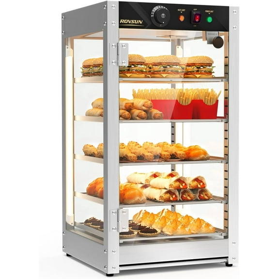 ROVSUN 3-Tier Commercial Food Warmer, 15" Pizza Warmer Food Warmer Display with LED Adjustable Lighting Glass Door Removable Shelves, Countertop Electric Food Warmer for Buffet Restaurant 110V 800W