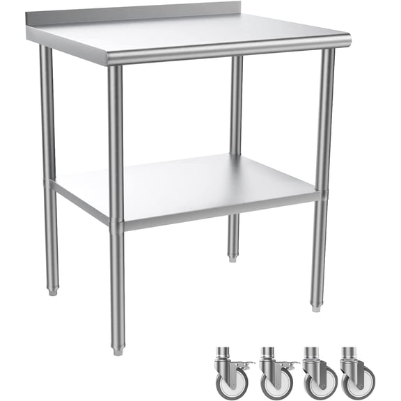 ROVSUN 30'' x 24'' Stainless Steel Table for Prep with Backsplash & Wheels