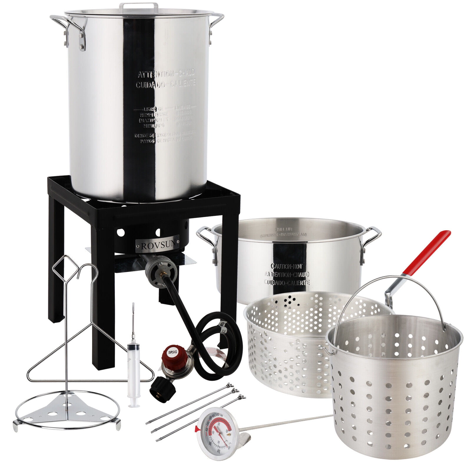 High Performance Cookers 30 qt. Turkey Fryer Powered Pot with Turkey Rack, Lid, Built-in Stand, 3/4 in. Drain Value and 10 PSI Regulator, Stainless