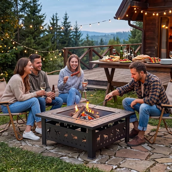 ROVSUN 32in Wood Fire Pit with Mesh Lid and Fire Poker, Outdoor Fireplace for Backyard, Patio and Picnic