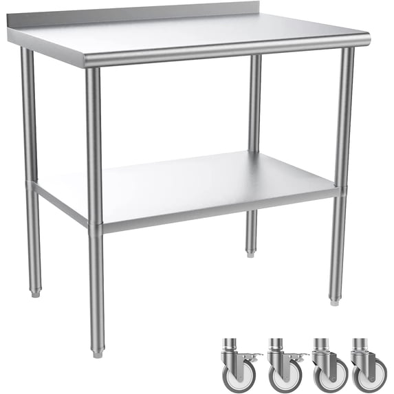 ROVSUN 36'' x 24'' Stainless Steel Table for Prep with Backsplash & Wheels