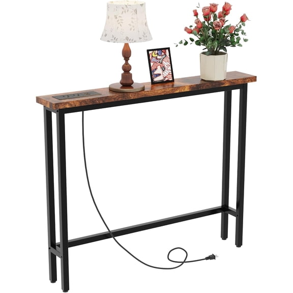 ROVSUN 39 Inch Console Table with Power Outlet, Narrow Sofa Table for Entryway, Rustic Brown